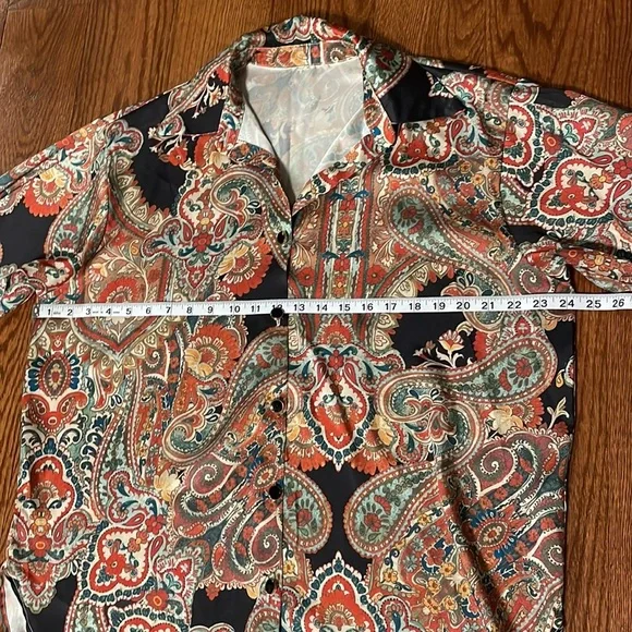 SHEIN multi paisley floral Boho satin feel button down shirt oversized Small - Picture 8 of 11